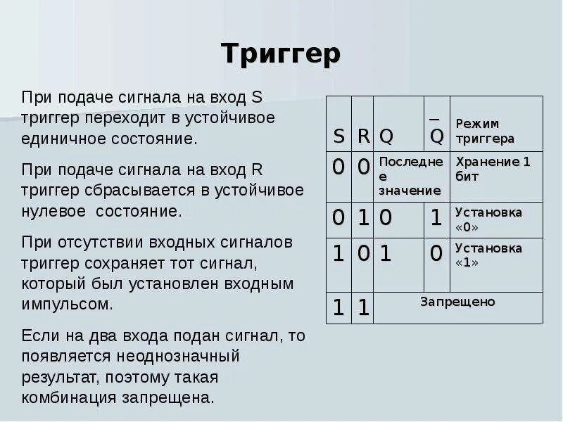 Какое состояние триггера хранит информацию 1 1. Состояния триггера. Какое состояние триггера хранит информацию. Триггер хранения. Какое состояние триггера является запрещенным?.