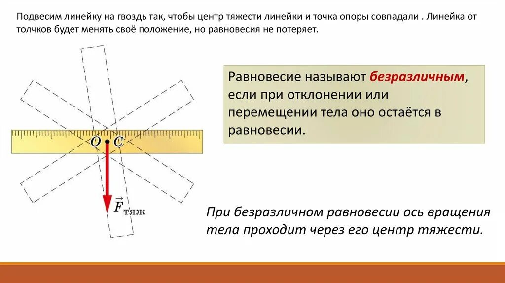 Безразличное равновесие линейка. Равновесие центр тяжести. Центр тяжести тела линейка. Устойчивость равновесия тел.