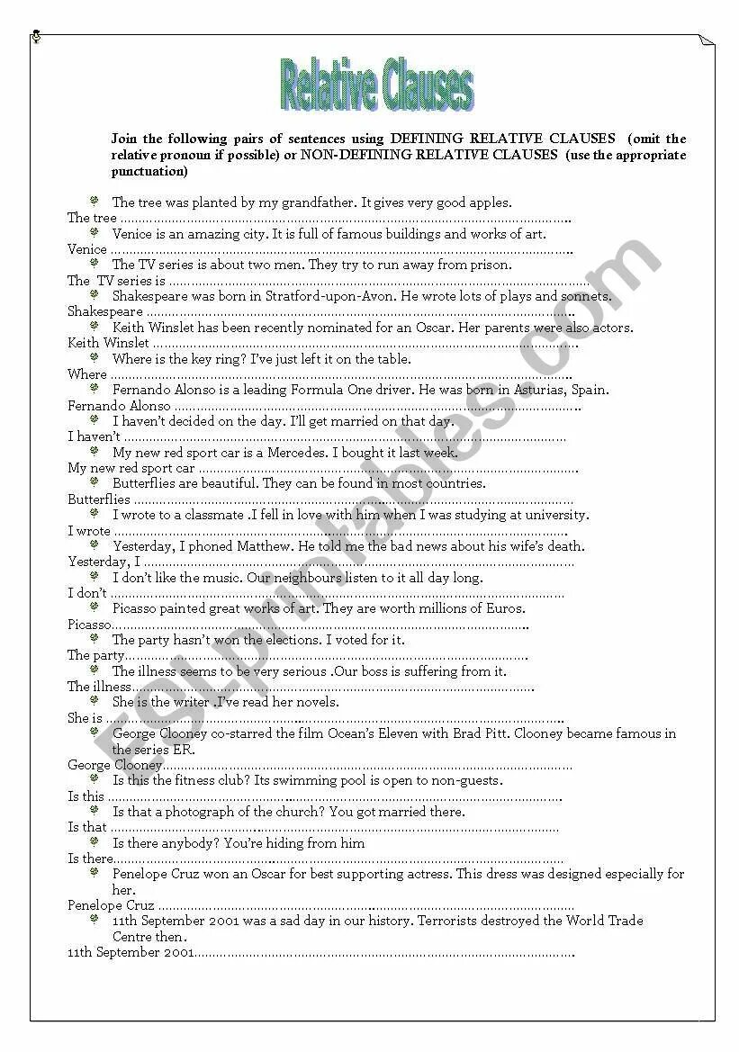 Complete the sentences with relative clauses. Defining and non-defining relative clauses. defining and non defining clauses exercises. non-defining relative clauses speaking. defining relative clauses speaking.