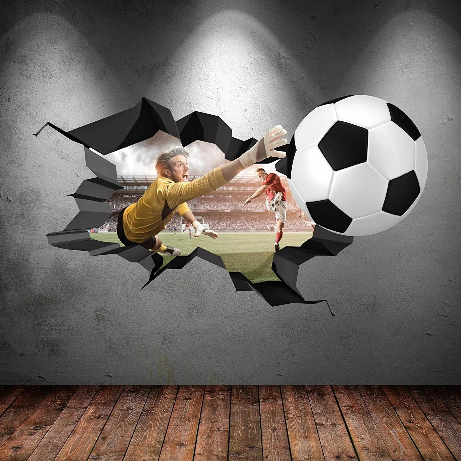 Разбейте стену. Футбольная тематика. Футбольный мяч в стене. Фотообои на стену футбольная тематика. Фотообои футбольный мяч на стену.