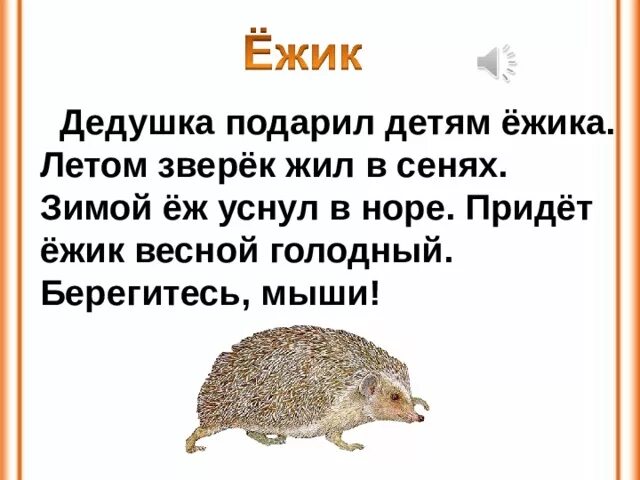 У нас под крыльцом жил еж. Дедушка подарил детям ежика. Подарил детям ежика дедушка летом. Дедушка подарил детям ежика текст. Ежик придет весной голодный берегитесь мыши.