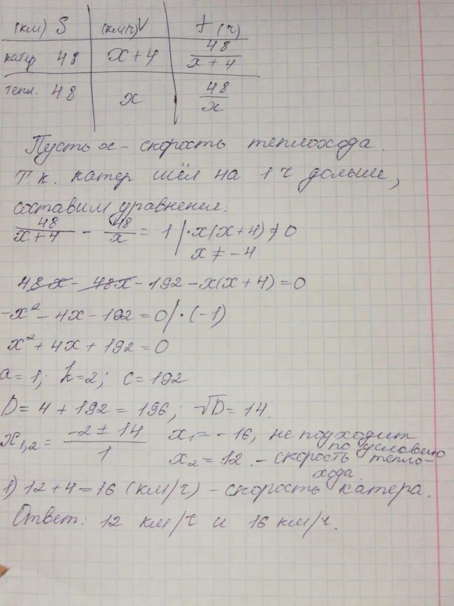 Теплоход проплывает расстояние 48 км на 1 час быстрее катера. Расстояние 48 км по озеру теплохода