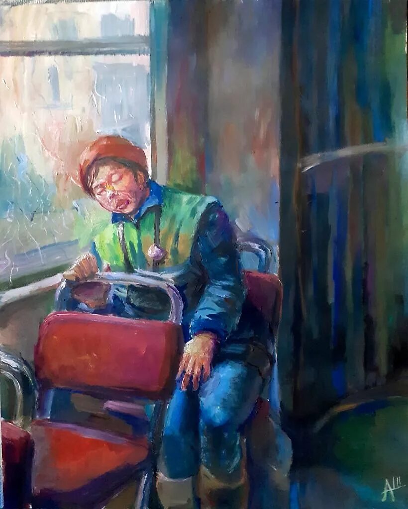 Спящие кондуктор. Кондуктор живопись. автобус живопись. картина будни. кондуктор автобуса рисунок.