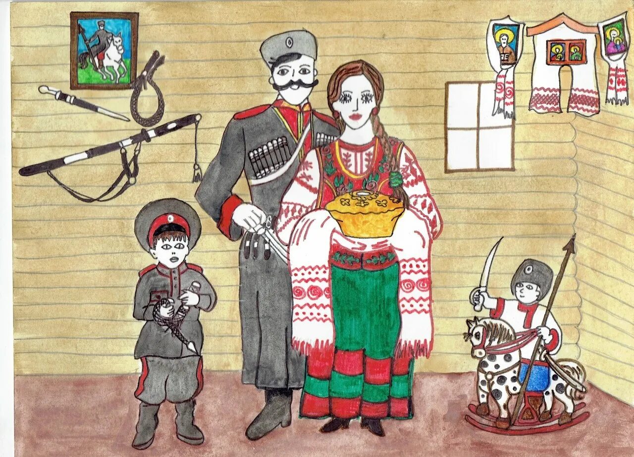 Через каких героев рисуется образ казацкой семьи. Казачья семья. изображение казачьей семьи. казачьи зарисовки. казачество семья рисунки.