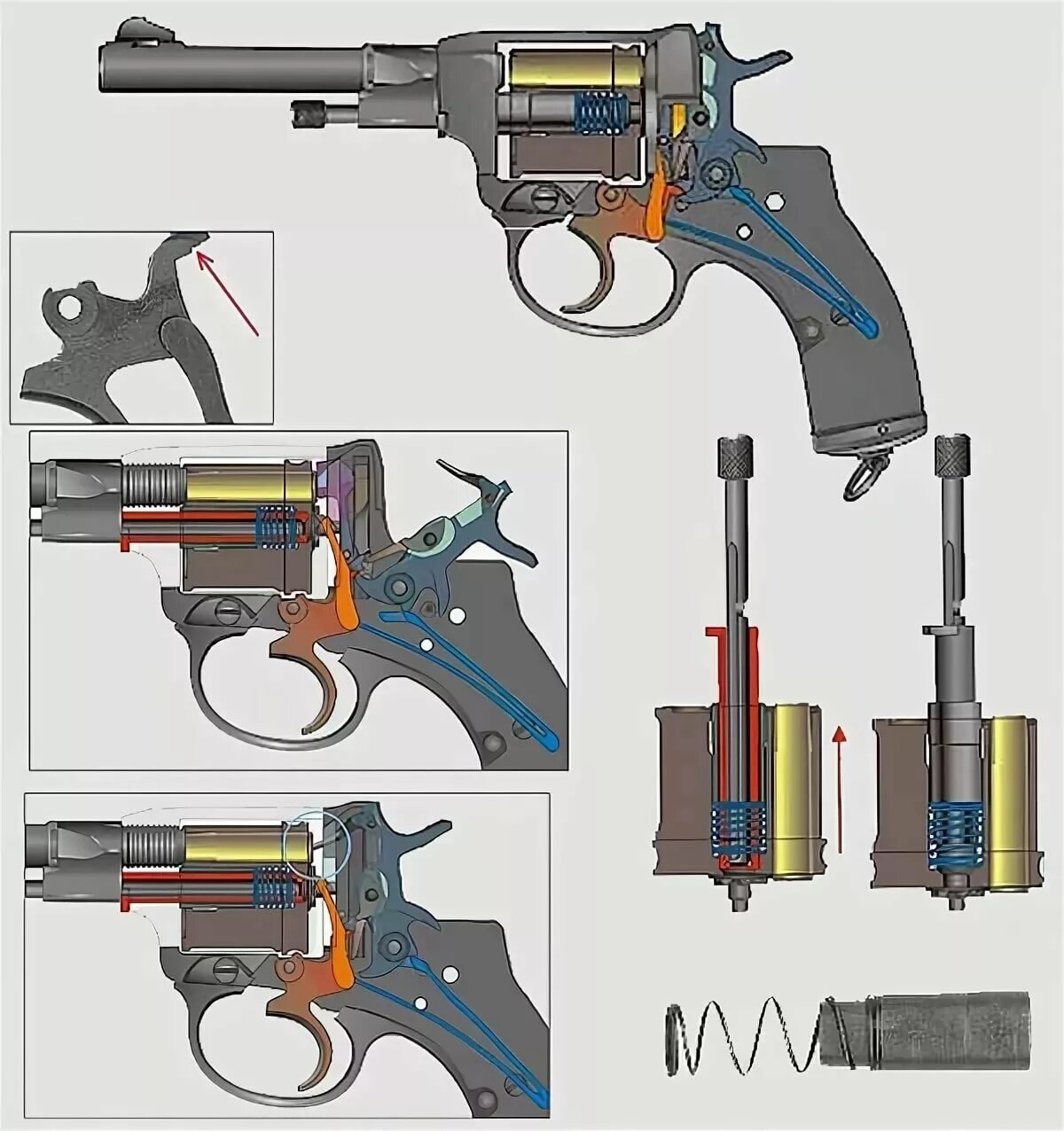 Работа револьвера. Револьвер Наган конструкция. Револьвер системы Нагана схема. Револьвер Наган УСМ. Устройство револьвера Наган схема.