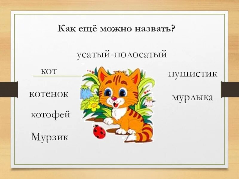 Котенок синоним. Как можно назвать презентацию. Кот синонимы к слову котёнок. Квест игра Усатый полосатый. Том как же можно назвать