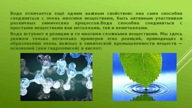 Роль воды при набухании. Вода как среда для химического процесса. Многогранная роль воды в превращении веществ. Роль воды как реагента.