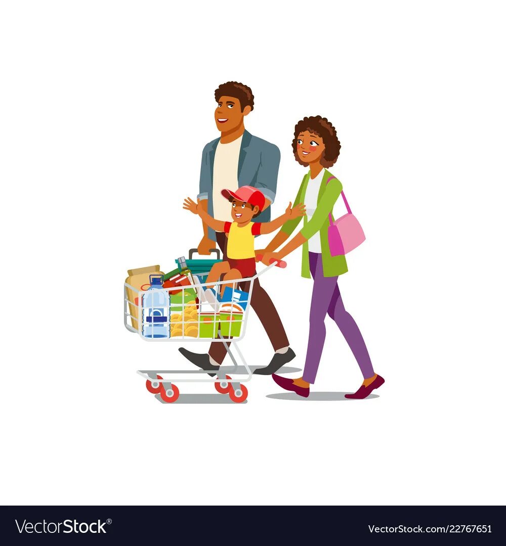 They go shopping days go. Семья с тележкой продуктов вектор. Семья с тележкой покупки. Мальчик с тележкой в магазине. Семья с покупками рисованный.