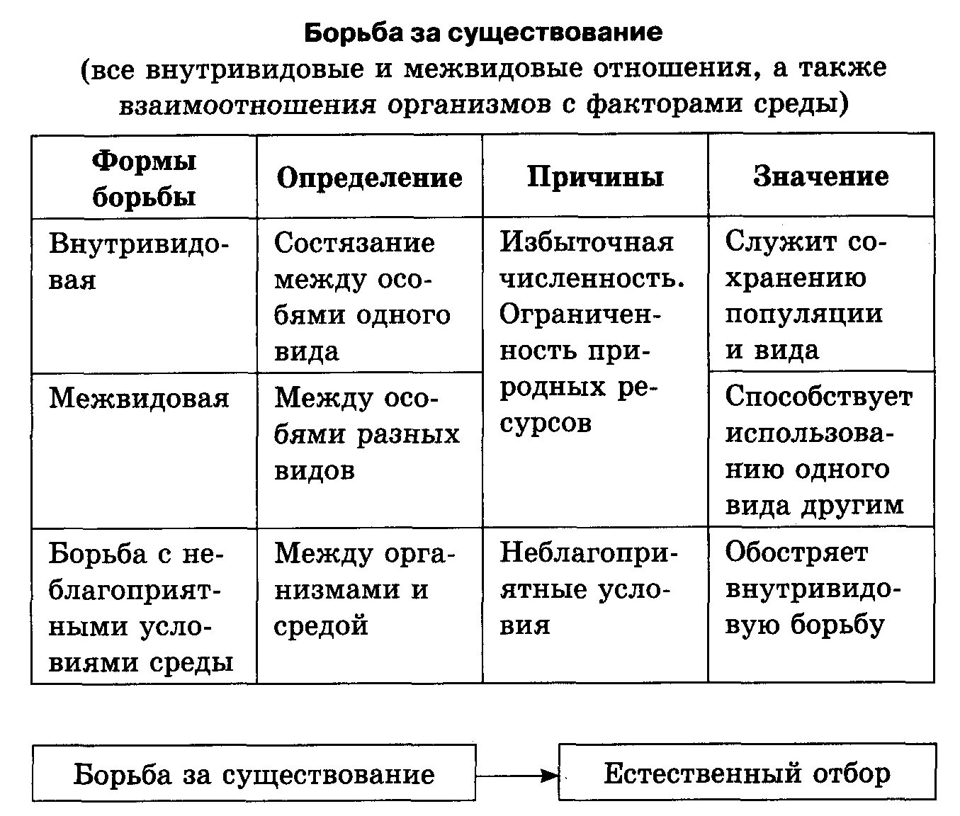 Форма борьбы за существование внутривидовая схема. Таблица борьба за существование формы борьбы за существование. Борьба за существование и естественный отбор причины. Борьба за существование биология таблица. Формы борьбы за существование биология таблица