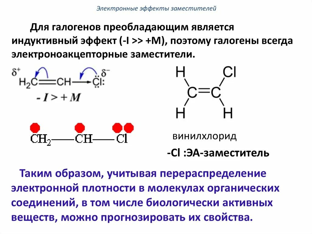 Винилхлорид индуктивный эффект. Электронные эффекты в молекуле хлорвинила. Метилфенилкетон электронные эффекты. Электронные эффекты заместителей. Галогены органические вещества