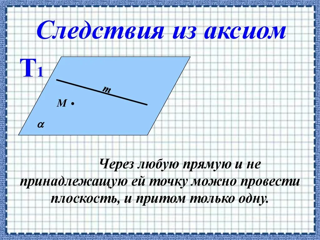 Следствия из аксиом. Следствие 1 из аксиом. Через любые прямые можно провести плоскость и притом только одну. Параллельность прямых в пространстве Аксиомы. И притом выбираем