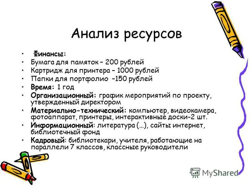 Анализ ресурсов реализации проекта Ресурсы в проекте могут быть