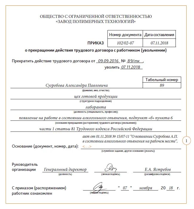 Приказ на увольнение работника с работы. Приказ об увольнении работника. Приказ об увольнении за пьянку. Приказ об увольнении по статье. Приказ об увольнении в состоянии алкогольного опьянения.