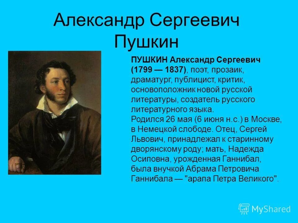 Написать сообщение о писателе. Доклад про Пушкина.