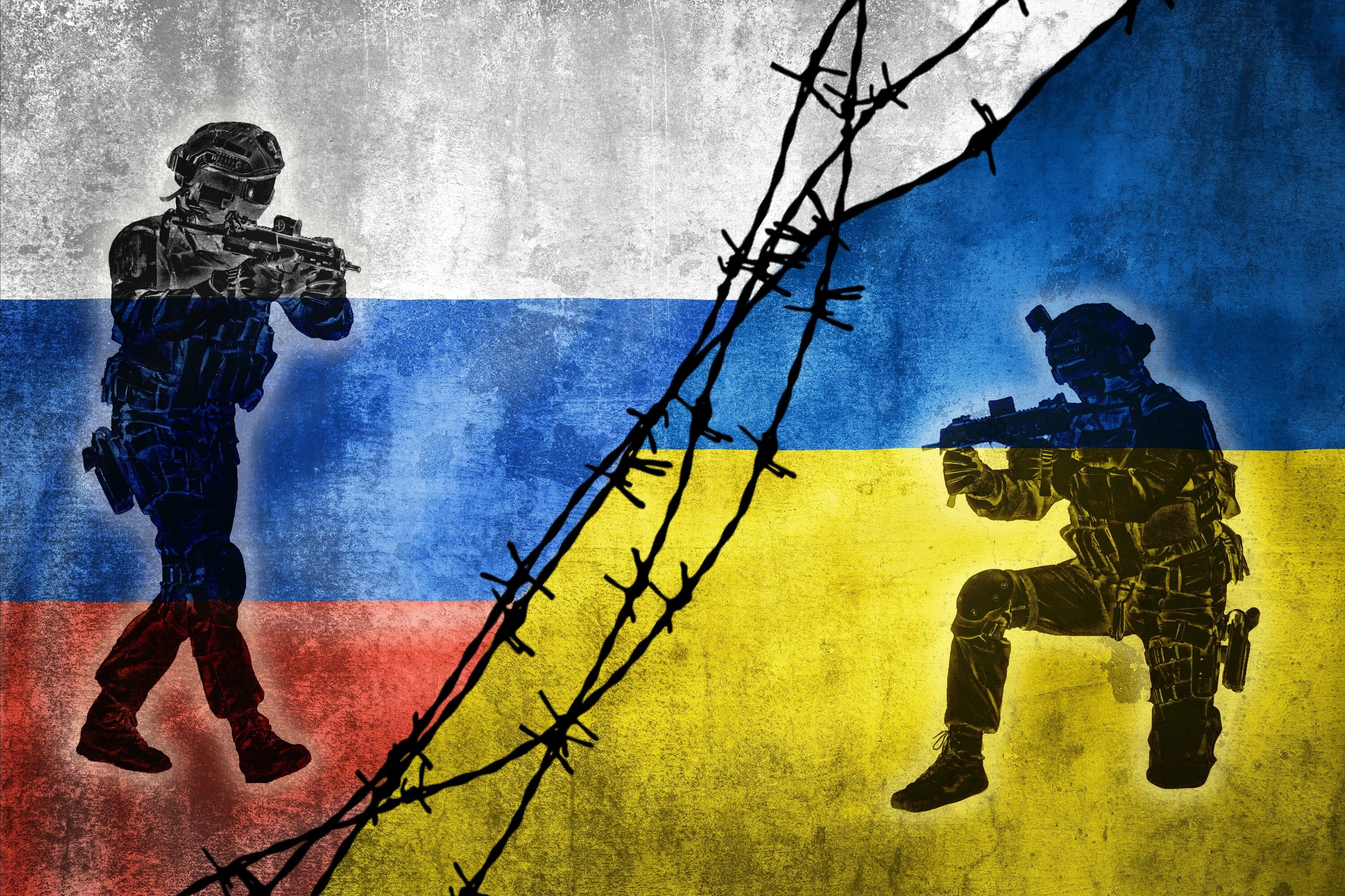 Россия против Украины. Украина – это Россия. Военный России на фоне украинских флагов.
