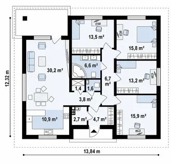 Проект 1 этажного дома с 4 спальнями