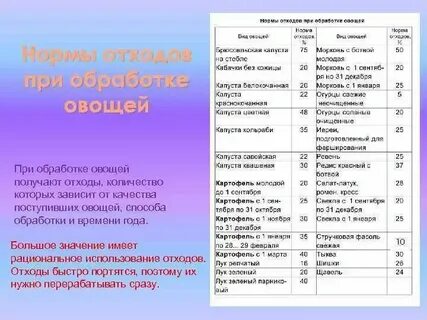 Нормы отхода овощей по сезонам