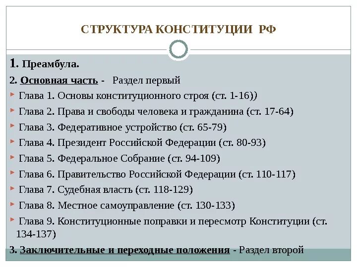 1 основная часть. Структура Конституции РФ 1 раздел. Структура Конституции РФ преамбула разделы главы. 2. Структура Конституции РФ преамбула. Структура Конституции РФ главы.