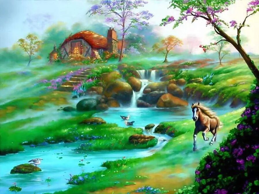 Прекрасный рисунок. Художник Джим Уоррен картины. Сказочный пейзаж для детей. Природа иллюстрация. Рисовать природу.