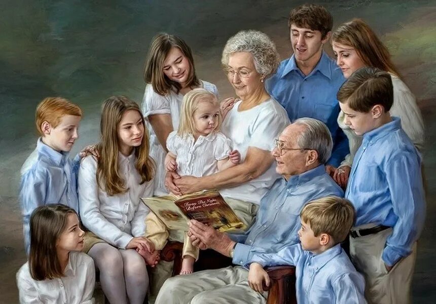 Портрет большой семьи. Из поколения в поколение. Женщина в окружении детей. Связь поколений в семье.
