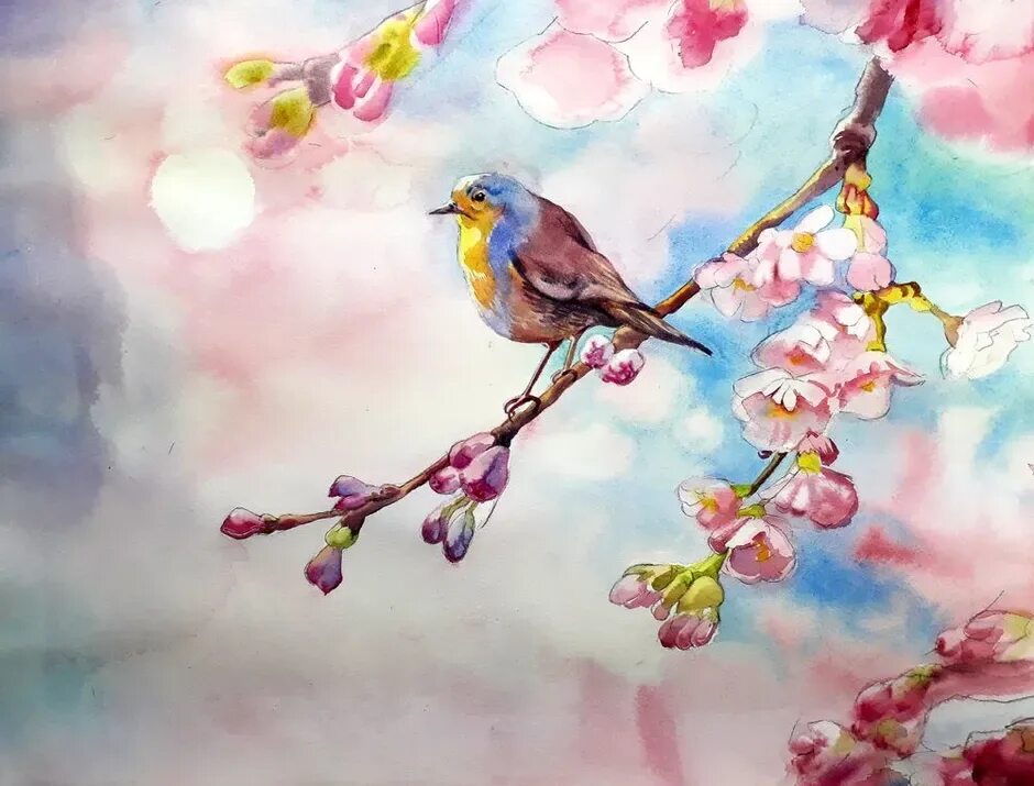 Весенние птицы рисунок. Птицы на цветущей ветке живопись. Весенние птички акварель.