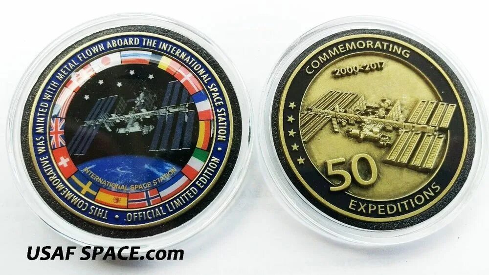 Coin station. Монета Международная Космическая станция. Значок ISS бронзовый фото.