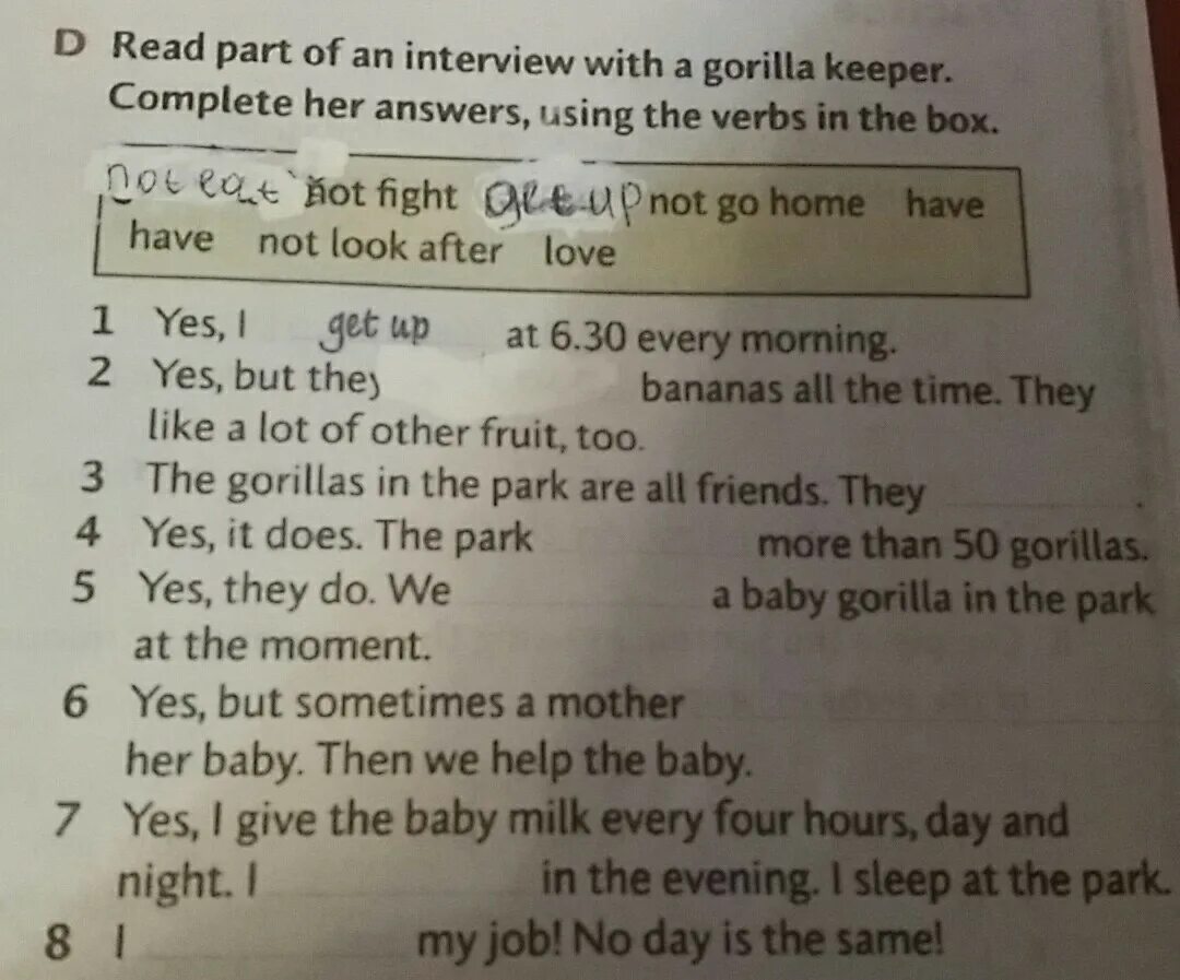 Write the answers how many. Read Part of an Interview with a Gorilla Keeper complete her answers using the verbs. Interview ОГЭ английский. Read Part of an Interview with a Gorilla Keeper complete her answers using the verbs in the Box Yes, i get up. Use the verbs in the Box.