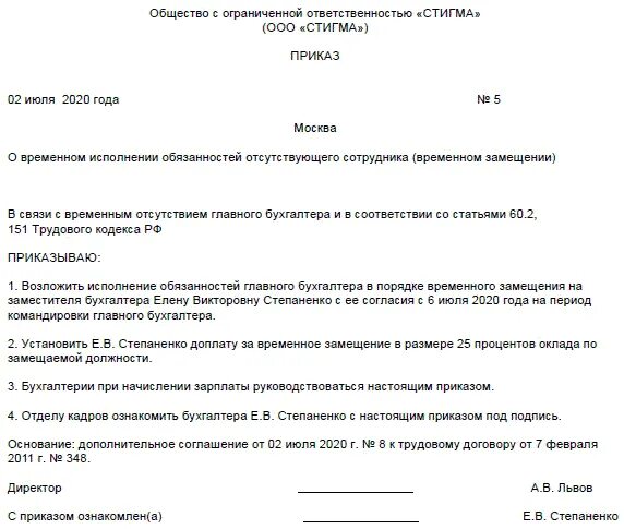 Приказ о возложении дополнительных обязанностей на работника. Приказ о возложении дополнительных обязанностей на работника