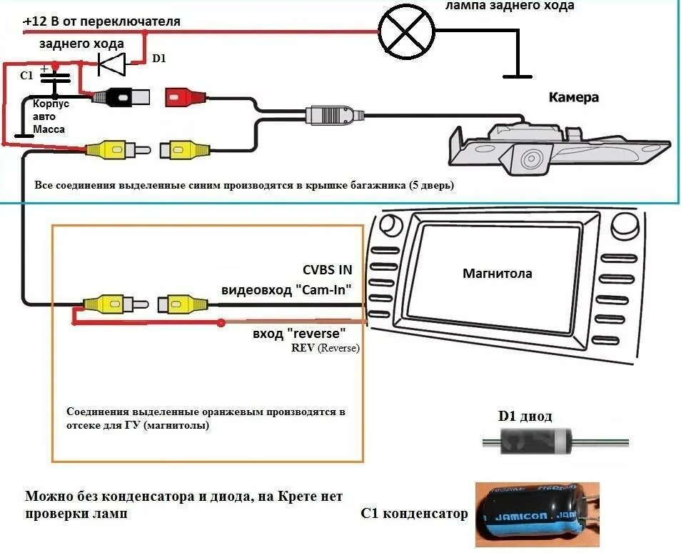 Настройка камеры на китайской магнитоле. Автомагнитола 2 din подключение камеры заднего хода схема подключения. Схема включения камеры заднего хода.