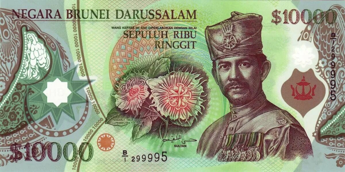 Купюры большого номинала. Валюта Брунея. Валюта Брунея 10000. 10000 Ринггит Бруней. 10000 Долларов Бруней.