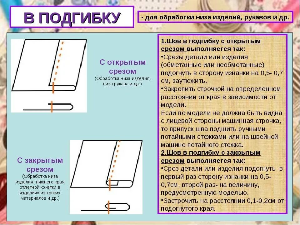 Соединения деталей швейных изделий. Обработка шва в подгибку с открытым срезом. Обработка низа.шов в подгибку с закрытым срезом.. Обработка швом в подгибку с закрытым срезом схема. Обработка низа швом в подгибку с открытым срезом.