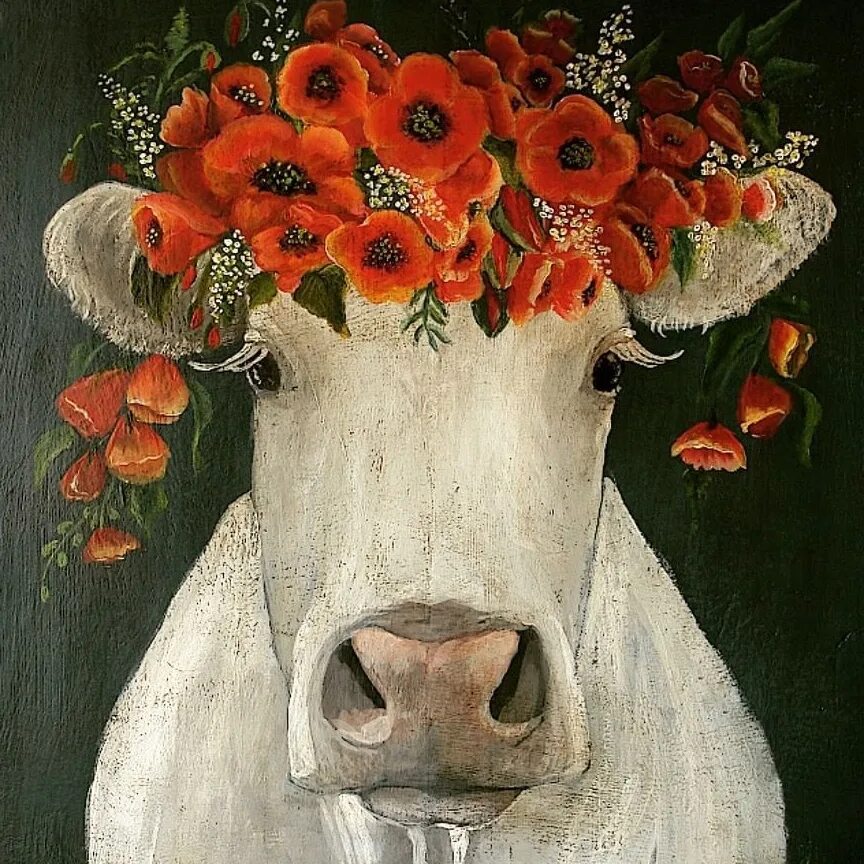 Голова коровки. Коровы в живописи. Корова с цветами. Корова с венком на голове. Коровы на картинах художников.