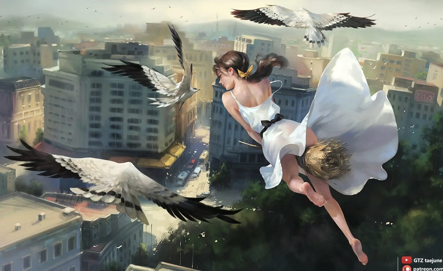 Полетели автор. Taejune Kim. Девушка с крыльями в полете. Девушка в полете арт. Ангел в полете.