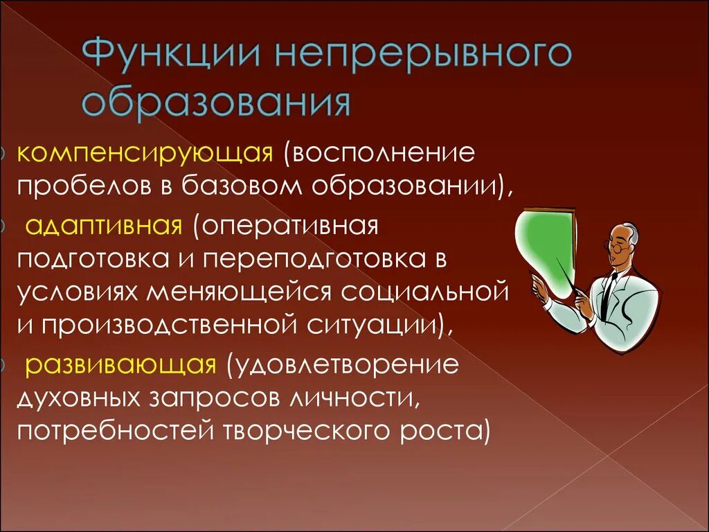Функции непрерывного образования. Адаптивная функция непрерывного образования. Функции непрерывного образования. Функции непрерывного образования. Принципы непрерывного образования.