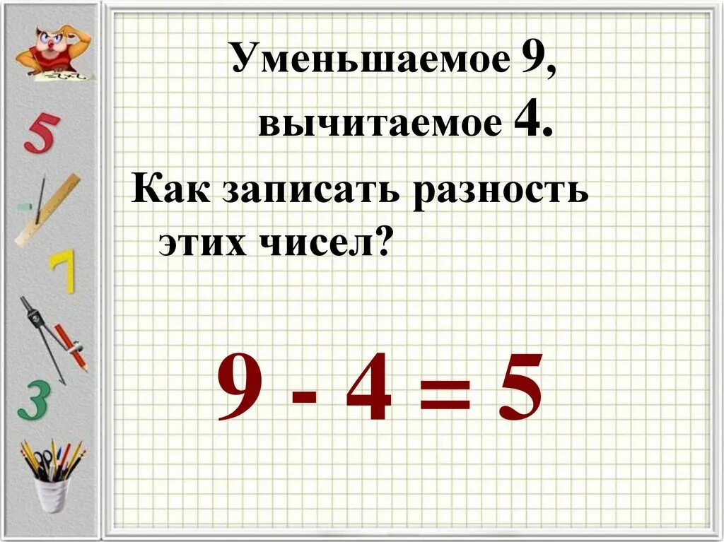 Вычислите разность 0 2. Уменьшаемое вычитаемое разность. Как записать разность. Как записать разность чисел. Уменьшаемое 9 вычитаемое 4.