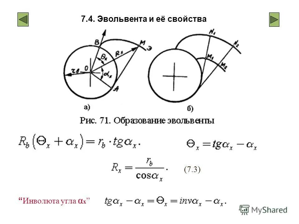Формула эвольвенты. Инволюта угла. уравнение эвольвенты окружности. свойства эвольвенты. параметрическое уравнение эвольвенты.
