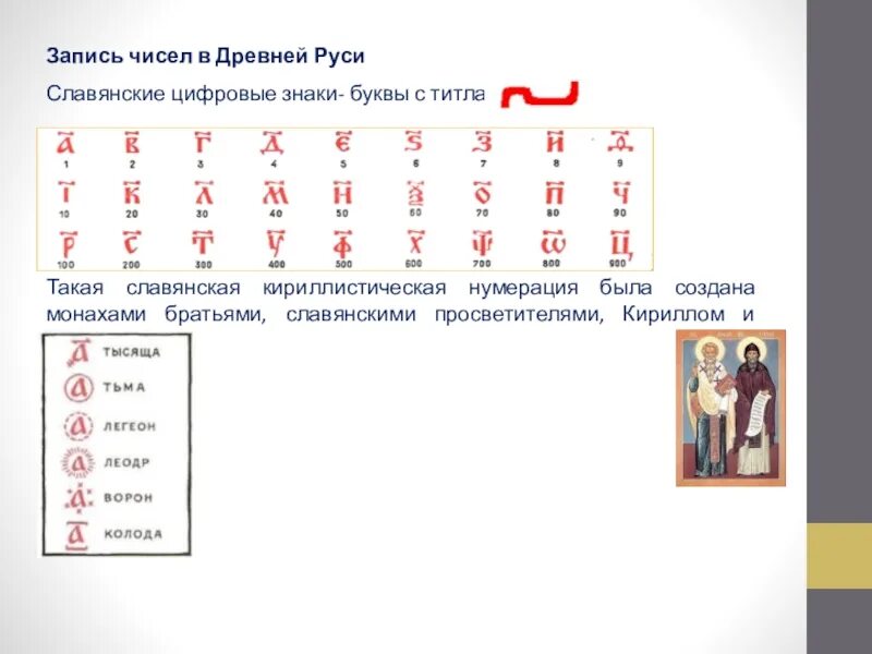 Числа в древней Руси титло. Запись чисел в древней Руси титло. Славянская нумерация о записи чисел в древней Руси. Древнерусские цифры буквами.