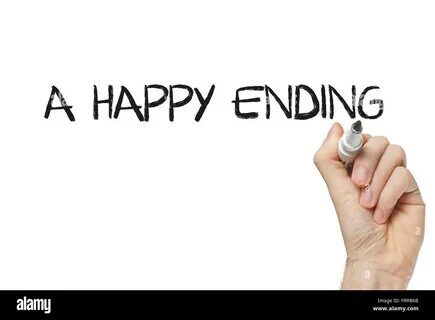 Hand writing a happy ending on a white board Stock Photo. 