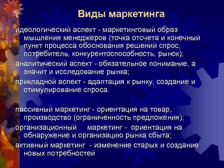 Виды маркетинга. Маркетинговые аспекты. Маркетинговый образ. Идеология маркетинга.