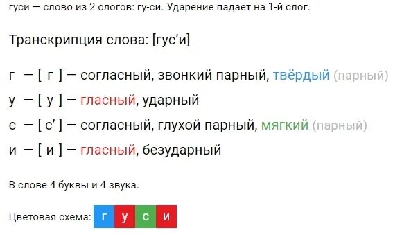 Аист разбор 1 класс. Анализ слова гуси. Гусь фонетический разбор. Густые фонетический разбор. Фонетический разбор слова Гусь.