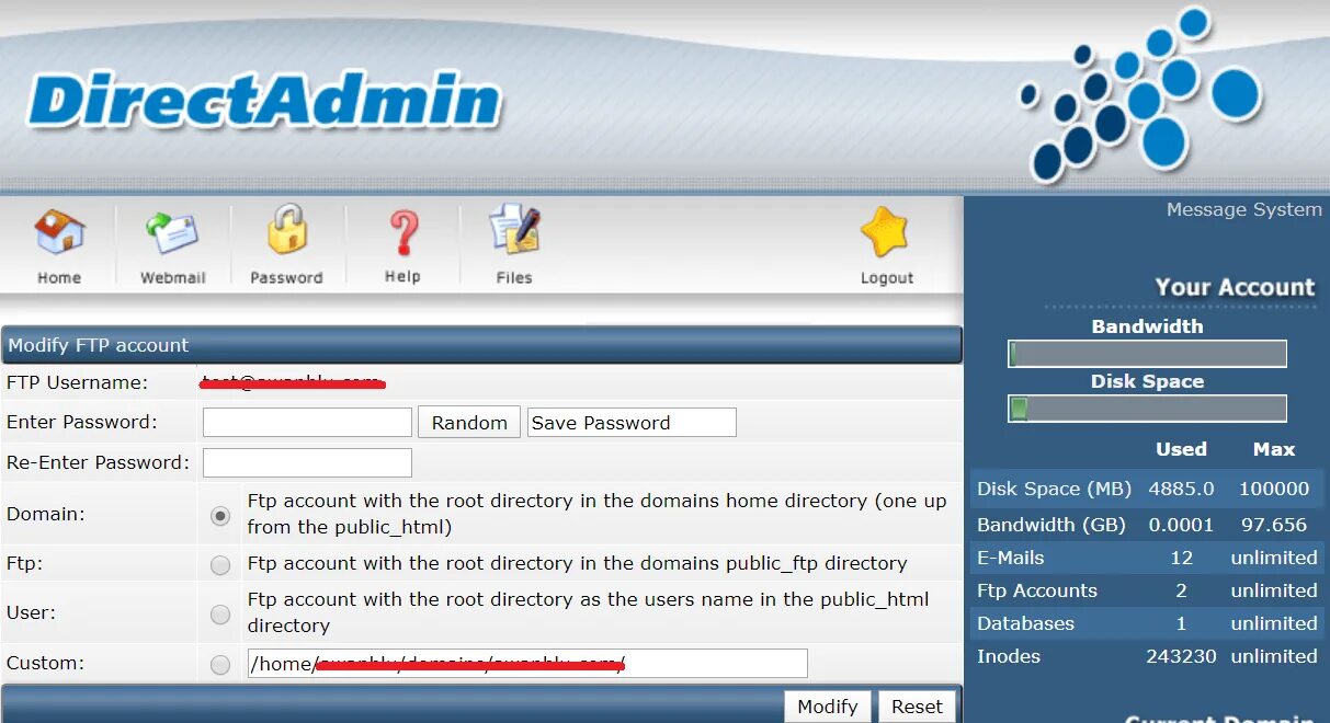 DIRECTADMIN. Панель управления FTP. Домашняя директория FTP-пользователя. Dir html. Directory html