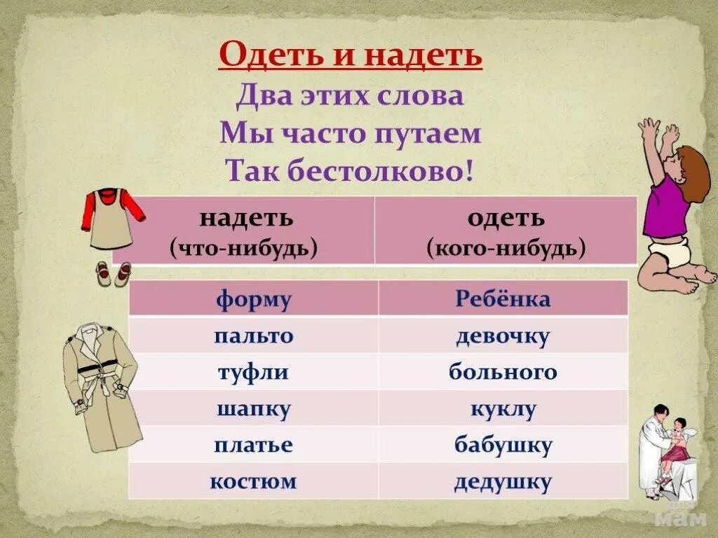 В каком случае говорят одеть. Слова одел и надел. Употребление глагола одеть и надеть. Слова. Использование глаголов одеть и надеть.