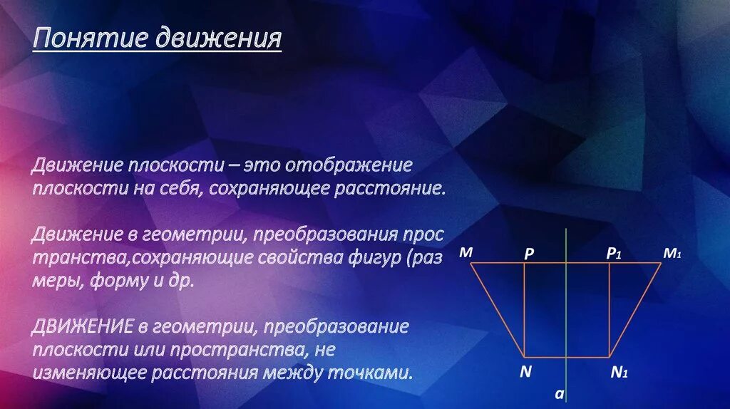 Понятие движения в геометрии. Понятие о движении плоскости. Виды геометрического движения. Отображение плоскости на себя понятие движения.