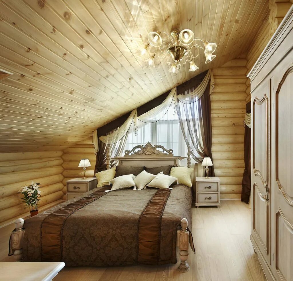 Интерьер спальни в доме из клееного бруса. Спальня в деревянноммдоме. Деревянная спальня интерьер. Отделка спальни в деревянном доме.