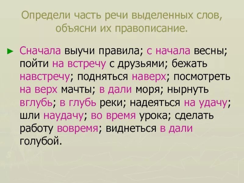 Определить часть предложения слово понять. Определи часть речи выделенных слов. Сначала правописание. Определите часть речи выделенных слов. Сначала выучи правило с начала весны.