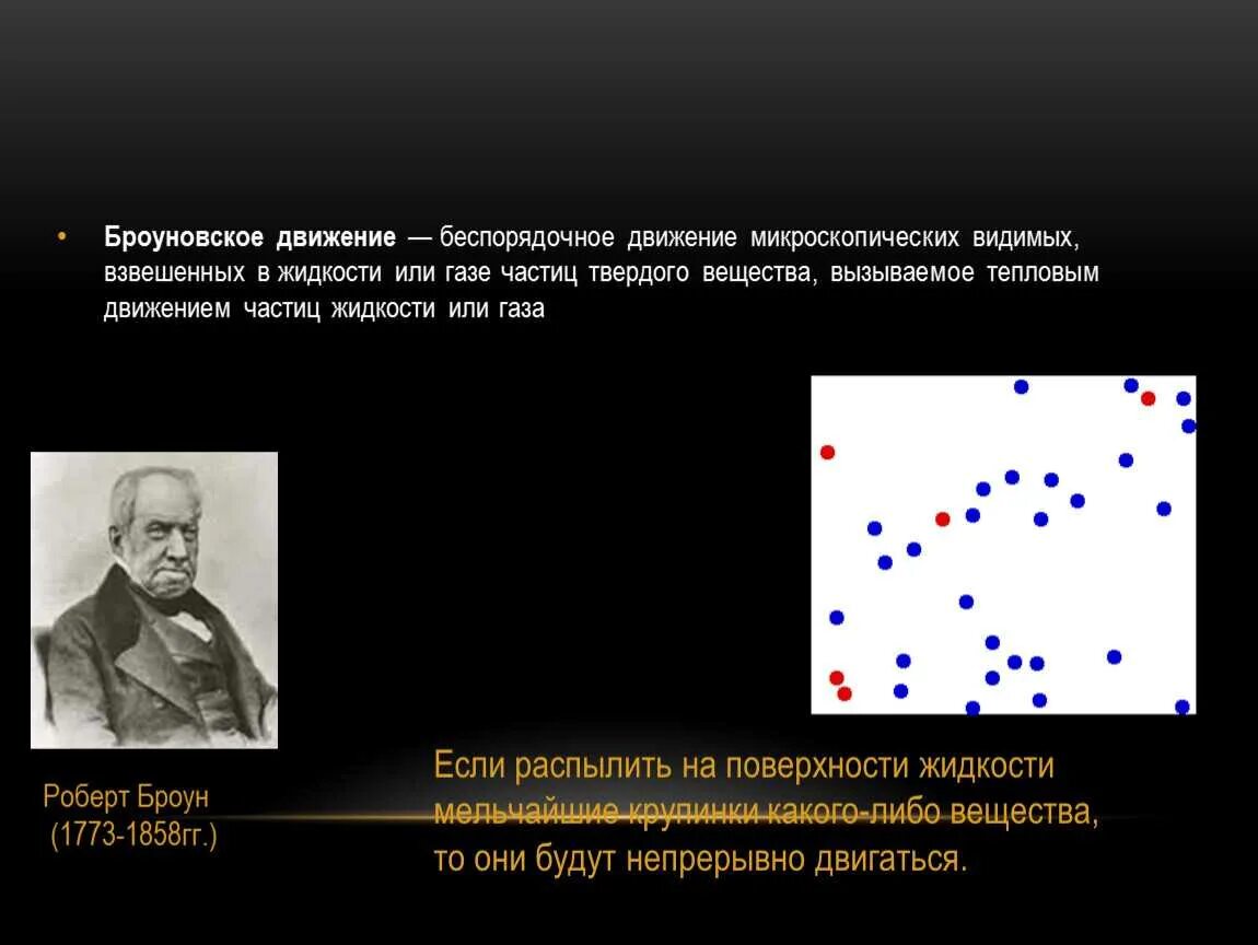 Кто открыл беспорядочное движение частиц. Опыт Броуна броуновское движение. Броуновское движение открыл Броун. Броун броуновское движение наблюдал.