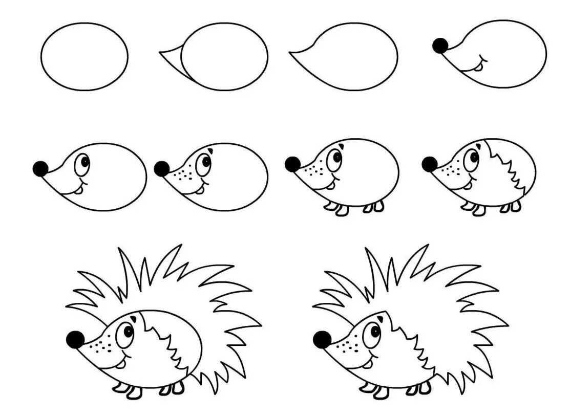 Рисование для детей. Рисование животных для детей. Поэтопно рисование для детей. Простые схемы для рисования для детей. Ежи поэтапно