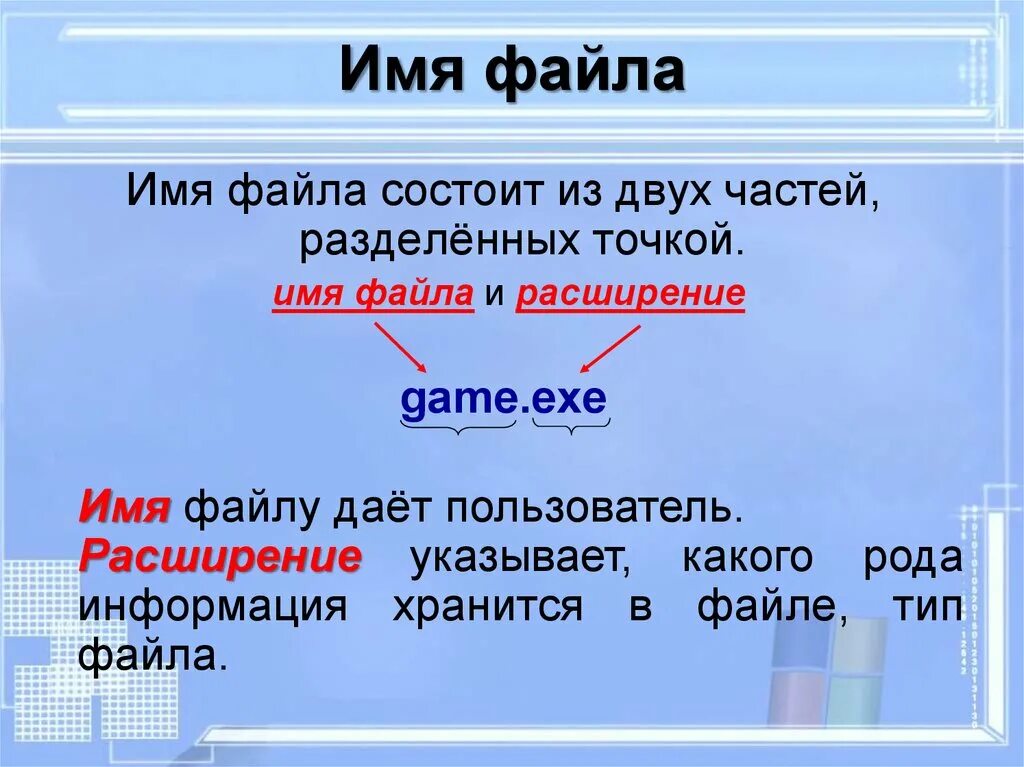 Название данное файлу. Из чего состоит полное имя файла. Из каких частей состоит файл. Из чего состоит имя файла в информатике. Имя файла состоит из двух частей.