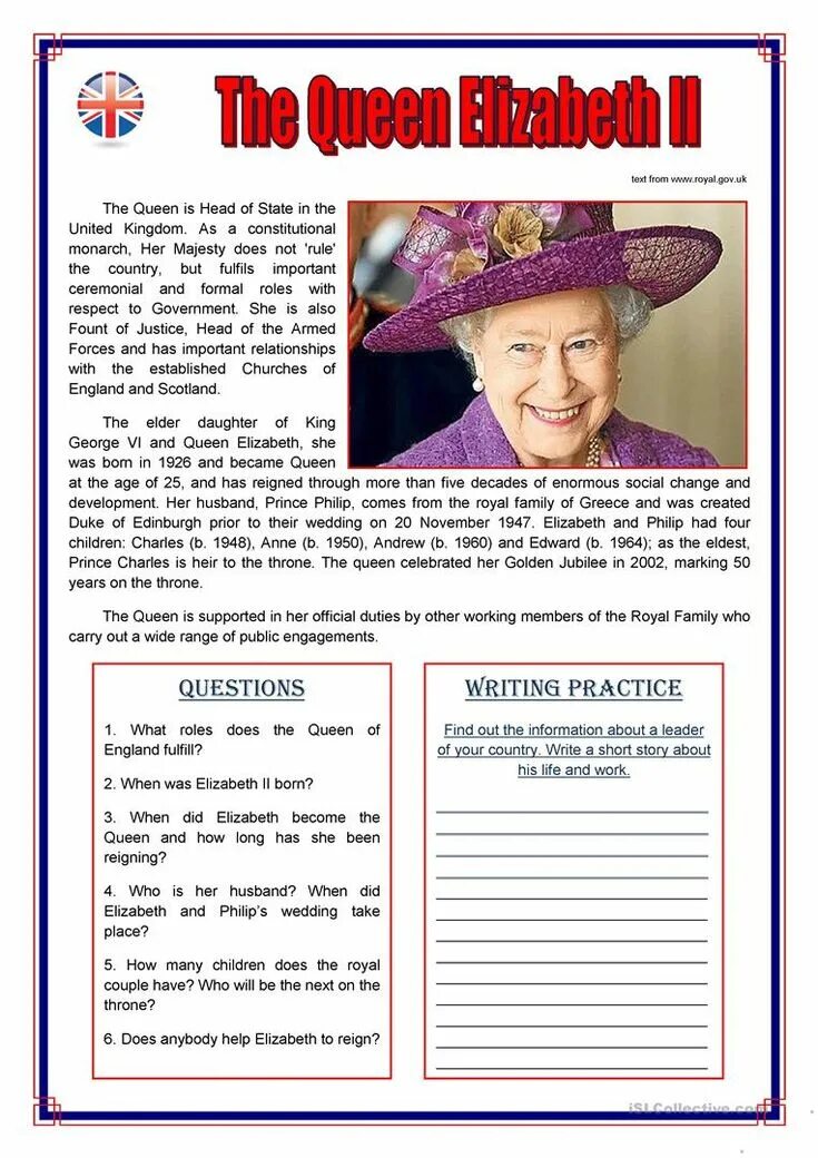 Queen Elizabeth II Worksheets. Queen Elizabeth the second Worksheet.