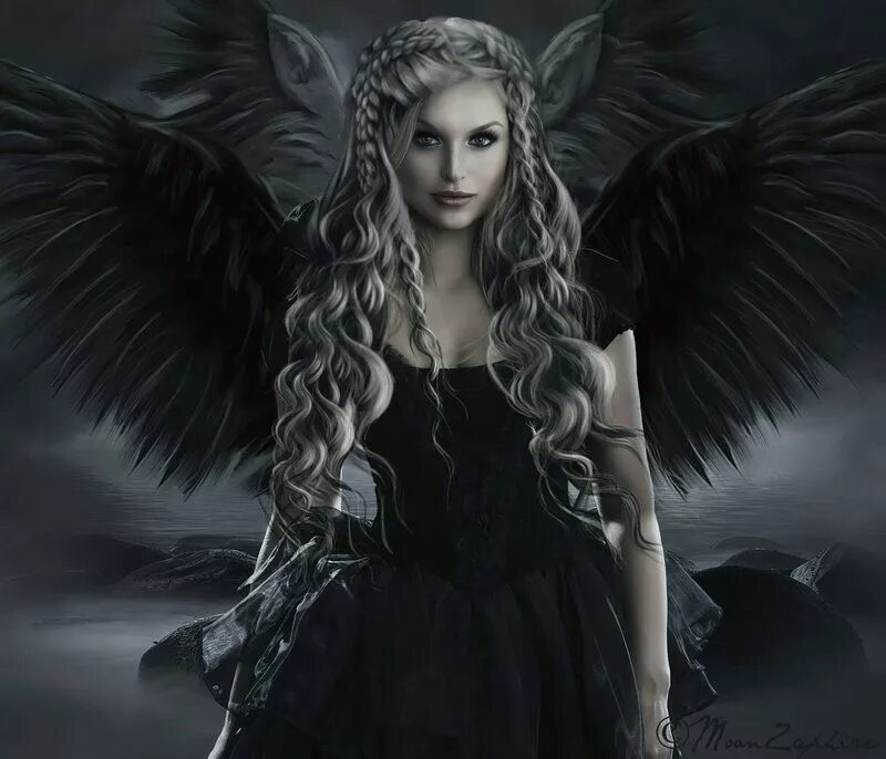 Демон похожий на ангела. Девушка - ангел. Готический ангел. Девушка с черными крыльями. Блондинка с черными крыльями.